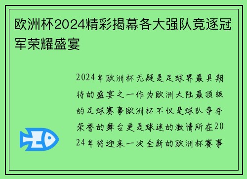 欧洲杯2024精彩揭幕各大强队竞逐冠军荣耀盛宴